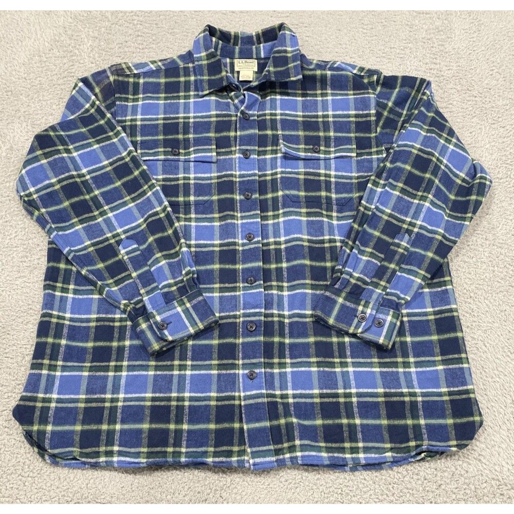 LL Bean Shirt Mens XL Blue Plaid Flannel Traditional Fit Button Front Cotton